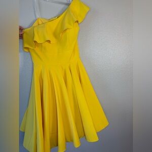 Mac Duggal Leena Bright Yellow Ruffled One-Shoulder Fit-and-Flare Mini Dress
